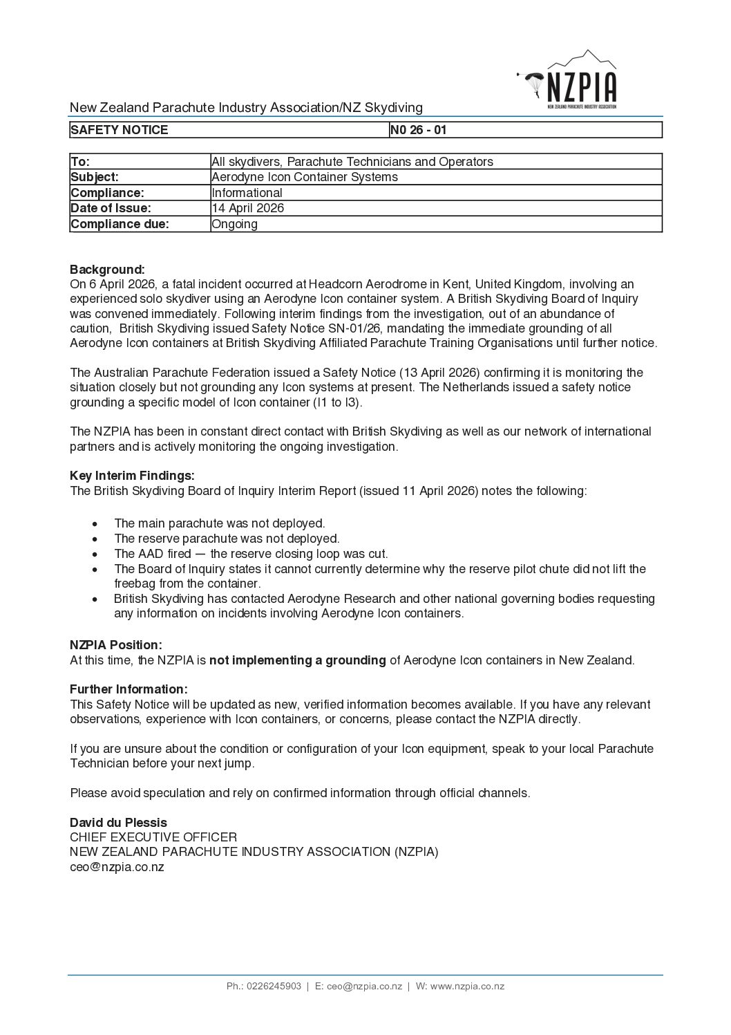 26-01 Safety Notice Aerodyne Icon