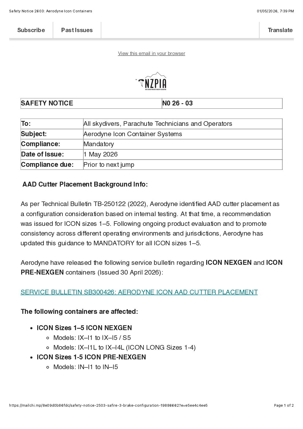 Safety Notice 2603/ Aerodyne Icon Containers